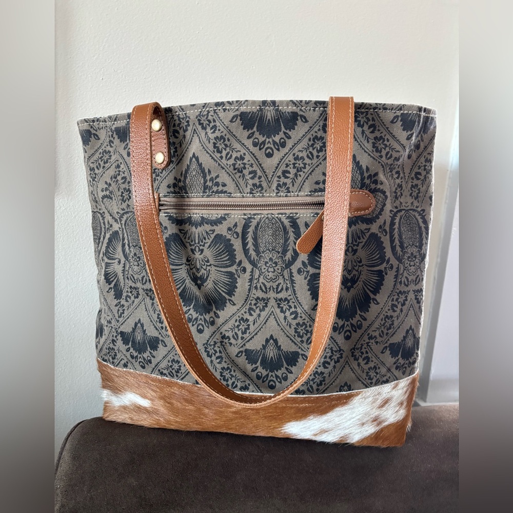 Myra Bag Grey & Blue Patterned Tote with Hair-On Trim